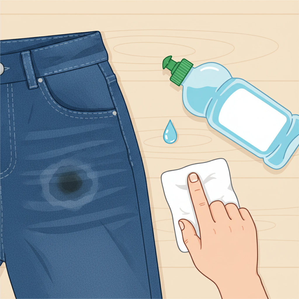 A bright, inviting flat lay illustration depicting the initial steps of removing a fresh grease stain from blue jeans using dish soap. In the foreground, a folded section of blue denim fabric displays a small, clearly visible grease stain. A generic bottle of liquid dish soap is positioned next to the stain, with a small amount of the soap being gently applied directly onto the affected area. A soft, clean cloth or a finger is shown in the act of lightly dabbing the soap into the denim. The background is clean and minimalist, perhaps a light wooden table or a simple studio surface.