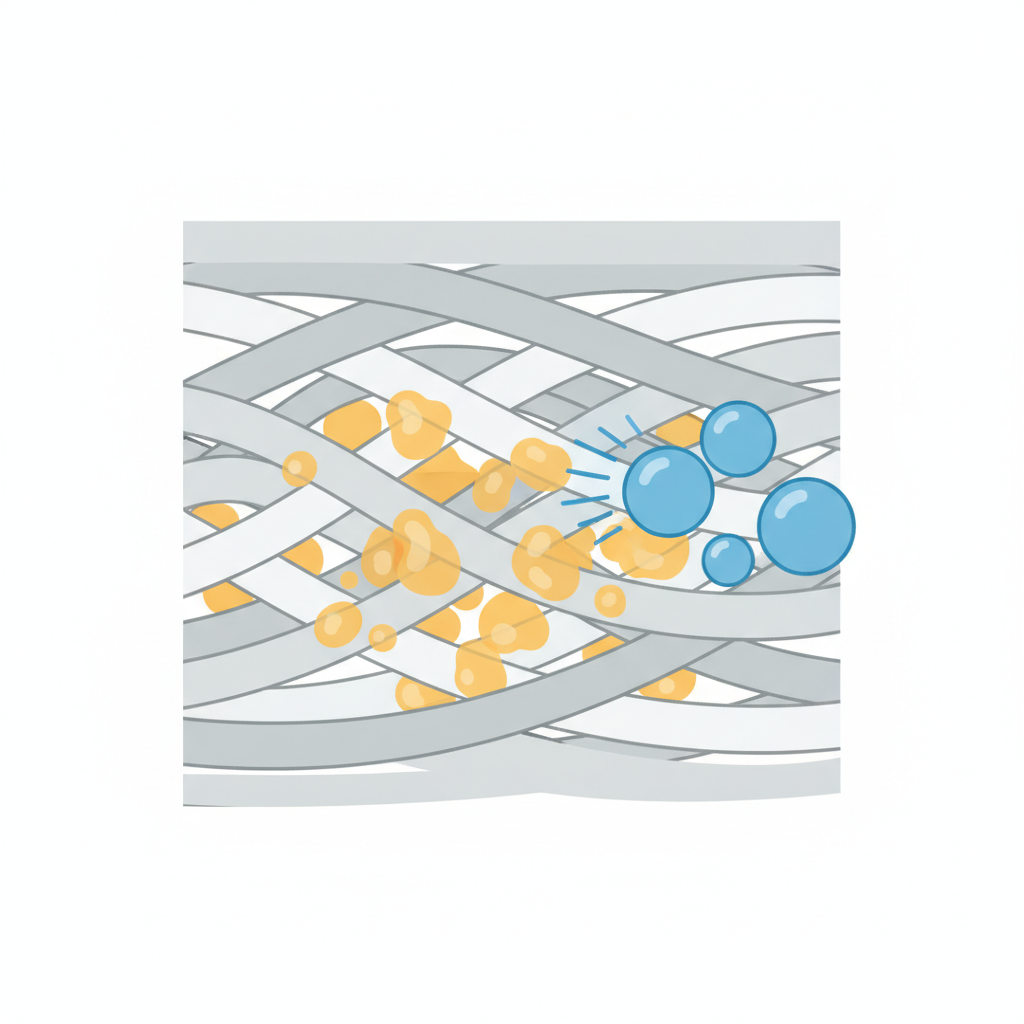 A modern, clean flat illustration depicting a magnified, simplified cross-section of interwoven fabric fibers. Small, irregular, translucent yellow-orange blobs (representing grease molecules) are shown deeply embedded and clinging tightly within and around the fabric threads. Adjacent to this, distinct, spherical blue shapes (representing water molecules) are visibly being repelled and unable to penetrate the areas where the grease is attached. The overall visual communicates the concept of fat molecules being trapped and water being ineffective.