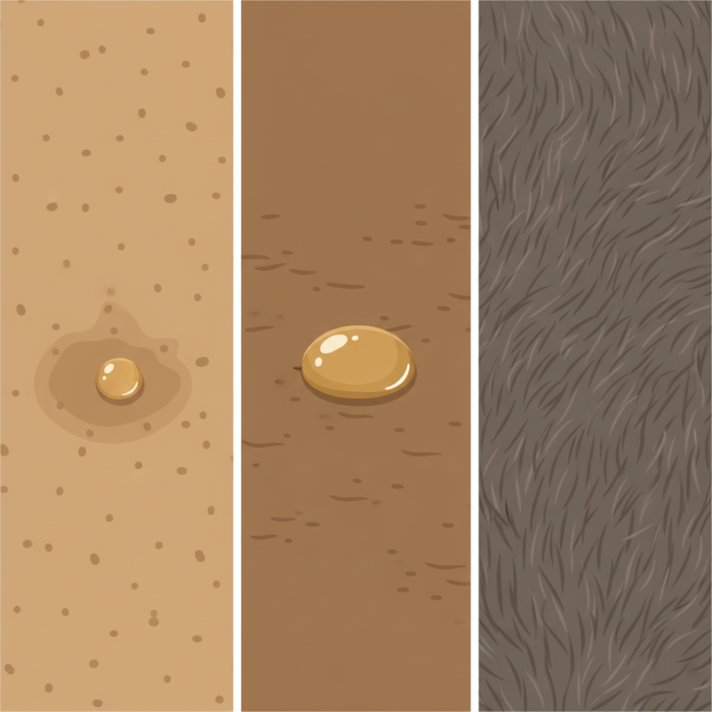 An infographic-style illustration depicting three distinct sections or panels, each representing a different type of leather. The first panel shows a smooth, open-pored leather (like Anilinleder) with a tiny grease drop beginning to seep into its texture. The second panel features a slightly textured, sealed leather (like pigmentiertes Leder) where a grease drop sits more on the surface. The third panel displays a soft, napped leather (like Rauleder/Suede) with fine fibers. Each leather type should have subtle textural differences. The overall style is a clean, modern flat illustration with a muted, professional color palette, clearly distinguishing the characteristics.