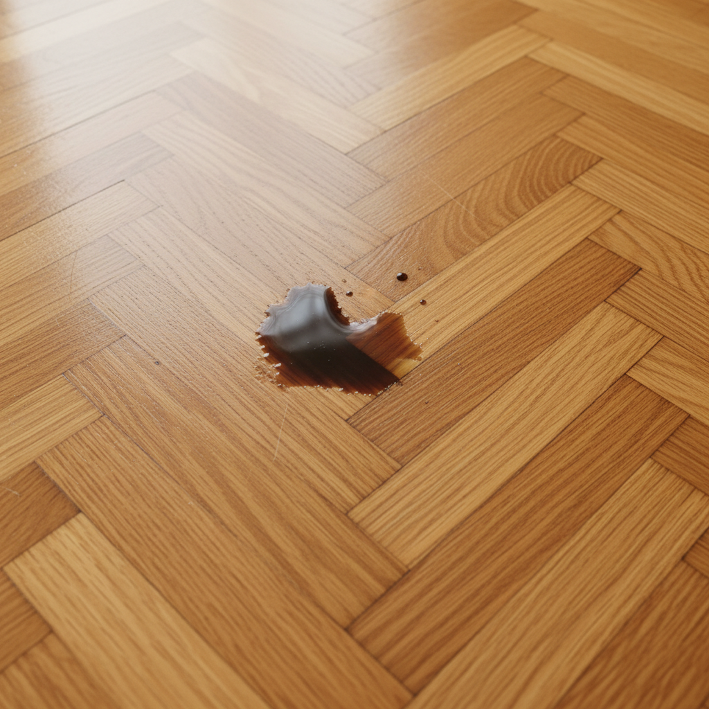 A close-up, eye-level shot of a pristine, warm-toned parquet floor, subtly marred by a distinct, dark grease stain. The light catches the wood grain, emphasizing its natural beauty which is interrupted by the blemish. Surrounding the stain, hints of its origin could be subtly present, like a tiny splatter of cooking oil or a blurred shadow of a dropped food item, without explicitly showing the full item. The image should convey both the beauty of the wood and the frustration of the stain, perhaps with a soft, natural lighting. A semi-realistic, professional photo style, slightly softened to emphasize texture.