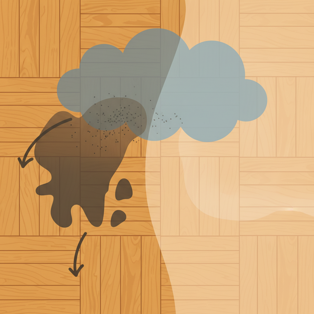 A conceptual illustration depicting the process of a grease stain being lifted from a parquet floor. On one side, a visible dark, oily stain is embedded within the wood grain, with subtle arrow-like shapes indicating its deep penetration. On the other side, a clean, shiny section of the parquet, with a gentle, abstract representation of a 'cleaning agent' (e.g., a soft, absorbent material or a cloud-like element) drawing the stain upwards and away from the wood fibers. The overall style should be a clean, modern flat illustration with a warm, inviting color palette for the wood and contrasting muted tones for the stain and cleaning action, emphasizing restoration and care.