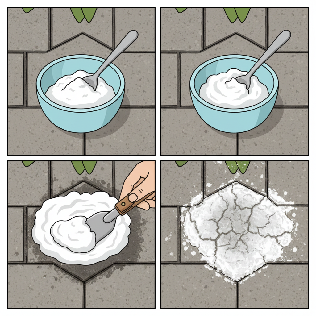A clear, step-by-step flat illustration depicting the process of using baking soda paste to remove a grease stain from paving stones. The image should show a small bowl with baking soda powder and a spoon, then the same bowl with baking soda mixed into a thick paste with water. Below, a hand using a spatula or brush to generously apply this white paste onto a visible, dried dark grease stain on a section of grey paving stones. The final part shows the paste drying on the stain, effectively covering it. The overall style should be clean, informative, and easy to understand.