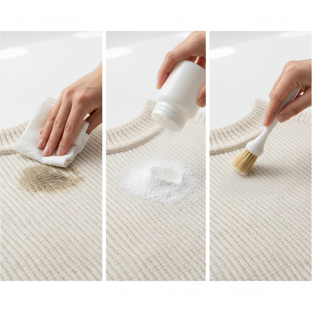 A three-panel sequential image depicting immediate stain removal. Panel 1: A close-up of a hand gently dabbing a fresh, dark grease stain on a light-colored knitted sweater with a clean white paper towel, ensuring not to rub. Panel 2: The same stain on the sweater, now generously covered with a fine white absorbent powder like cornstarch or talcum powder, poured from a generic white shaker. Panel 3: A hand gently brushing away the powder from the sweater with a small, soft-bristled brush, revealing a visibly reduced or absorbed stain area. Professional, bright, studio-lit photography with a shallow depth of field, focusing on the action and sweater texture.