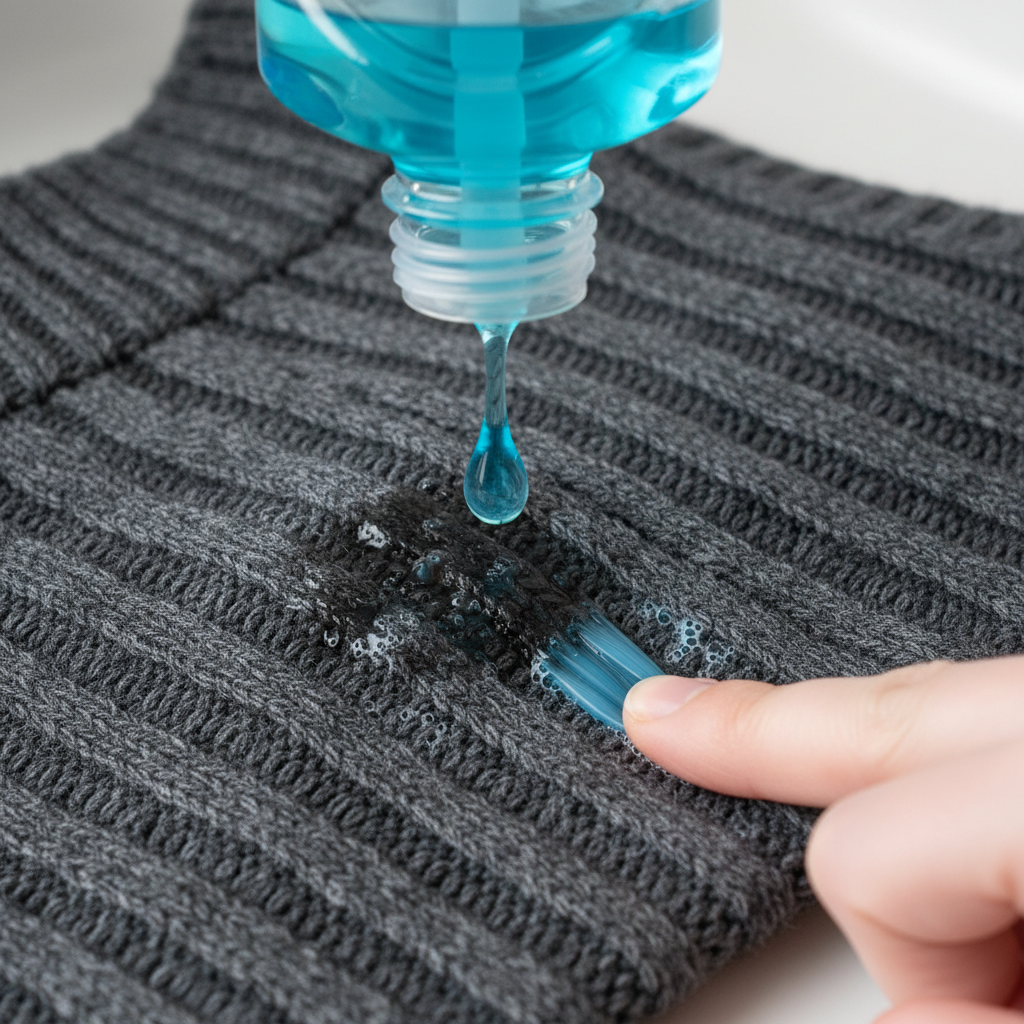A detailed close-up image showing a stubborn grease stain on a dark grey knitted sweater. A single drop of blue liquid dish soap is being carefully applied directly onto the center of the stain from a generic, unbranded bottle. A clean finger or a very small, soft brush is gently working the soap into the sweater fibers in a circular motion. The image subtly conveys the emulsifying effect as the soap interacts with the grease. Realistic macro photography style, emphasizing the intricate knit texture of the sweater and the gentle, precise application of the soap.