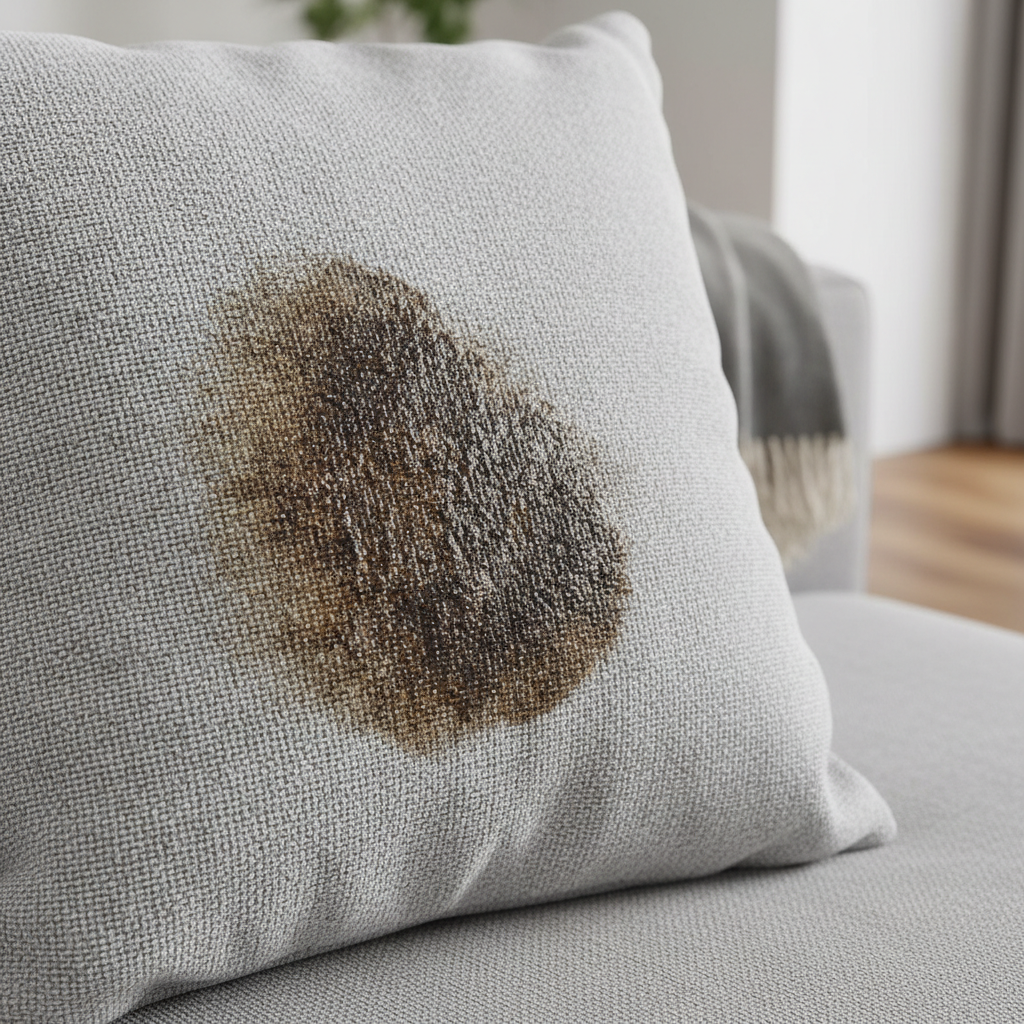 A professional, high-resolution close-up photo of a modern, light-grey fabric sofa cushion. A prominent, dark, oily grease stain is visible on the surface, appearing to have deeply penetrated the woven fibers. The fabric texture should be clearly discernible, highlighting the stain's stubborn grip and unattractive appearance. The background features a subtly blurred, contemporary living room environment, subtly hinting at the common occurrence of such accidents. The overall image evokes a sense of frustration due to the unsightly mark on an otherwise clean piece of furniture.