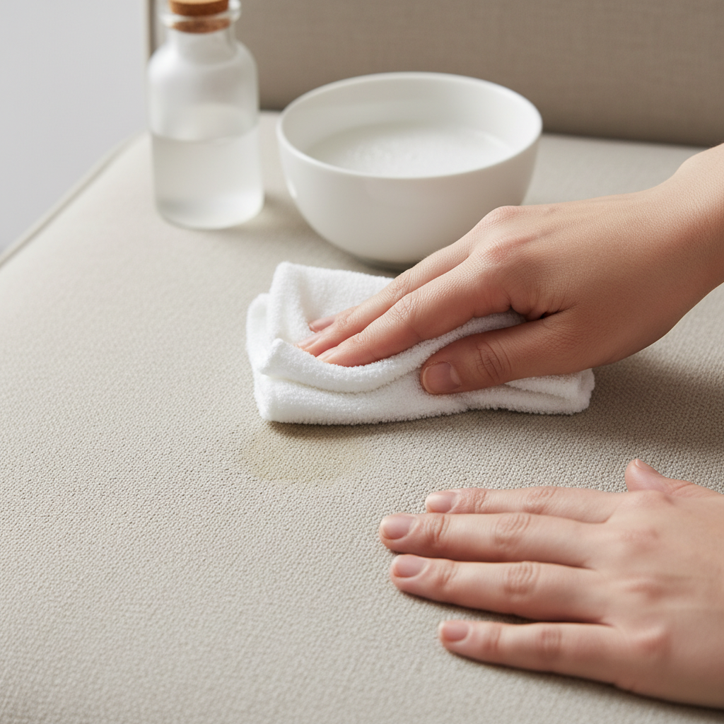 A clean, professional photo capturing a close-up of hands diligently cleaning a section of a light-colored fabric sofa cushion. One hand holds a soft, clean microfiber cloth, gently dabbing a subtle, partially removed grease stain, indicating progress in the cleaning process. The other hand might be lightly stabilizing the fabric. In the softly blurred background, a generic, minimalist bottle of cleaning solution or a small bowl with a cleaning mixture is visible, hinting at the tools and agents used. The scene conveys a sense of effective action and care in restoring the sofa's cleanliness.