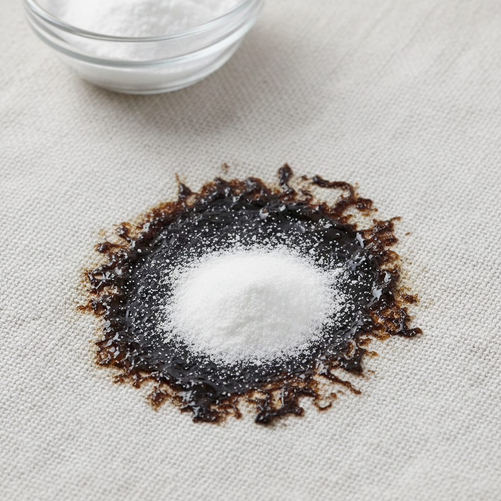 A close-up, professional macro photography style image of a stubborn, dried grease stain on a textured, light-colored fabric, such as a kitchen towel or an apron. The stain is dark, slightly glossy, and appears deeply embedded with visibly rough edges. A delicate layer of white baking soda powder is sprinkled directly onto the center of the stain, partially covering it. In the blurred background, a small, clear glass bowl holds more baking soda, subtly hinting at the solution. The lighting is bright and even, highlighting the contrast and the texture of both the stain and the powder.