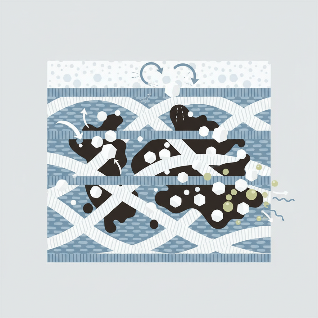 An infographic-style flat illustration showcasing the mechanisms of baking soda against a grease stain at a microscopic level. The image features a stylized cross-section of intertwined fabric fibers, with dark, irregular 'grease' blobs deeply embedded within them. Small, geometric white particles representing baking soda surround and interact with the grease. Arrows depict three distinct actions: some baking soda particles are shown 'absorbing' the grease, others are 'mechanically scrubbing' the surface, and a third group initiates a 'chemical reaction,' indicated by tiny, subtle bubbles forming around the grease molecules. The overall aesthetic is clean, modern, and explanatory.