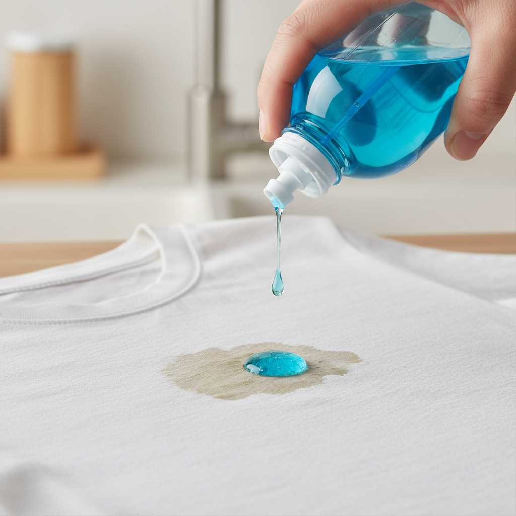 A close-up, high-quality professional product photograph depicting a piece of light-colored fabric, like a white cotton t-shirt, with a prominent, fresh, glossy grease stain. A hand is carefully squeezing a single drop of translucent blue dish soap directly onto the center of the stain. The fabric texture is clearly visible, and the liquid soap appears to be starting to penetrate the greasy mark. The background is softly blurred, suggesting a clean, domestic setting such as a kitchen counter or laundry room, emphasizing a practical solution.