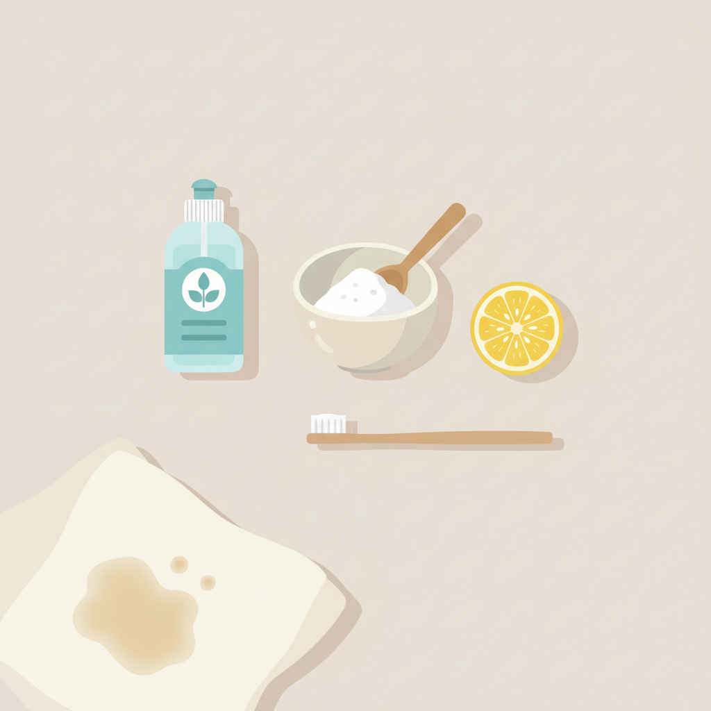 A bright, clean flat illustration showing a collection of common household items arranged neatly on a light-colored surface. Key items include a small bottle of liquid dish soap, a a small bowl with a pile of baking soda and a wooden spoon, a cut lemon half, and a simple, soft-bristled toothbrush. In one corner, a subtly textured piece of fabric with a faint, abstract grease-like smudge is visible, representing the problem being addressed. The style should be modern, minimalist, with a soft color palette and gentle shadows for depth, emphasizing DIY solutions.