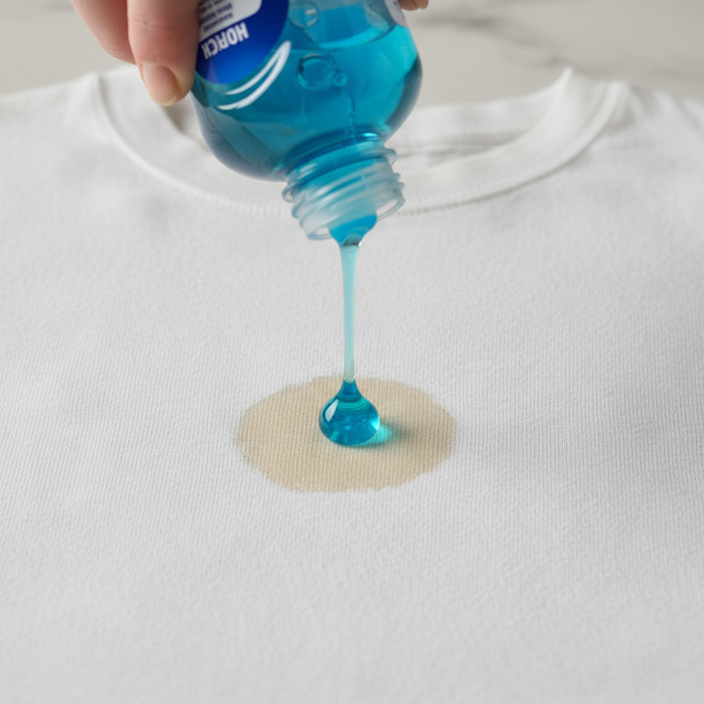 A close-up, top-down view of a light-colored fabric (e.g., a white t-shirt) with a noticeable, fresh grease stain. A hand, with fingers slightly visible, is gently squeezing a bottle of blue dish soap, letting a single, concentrated drop fall directly onto the center of the grease stain. The lighting is bright and clean, emphasizing the contrast between the stain, the fabric, and the soap. This is a realistic professional photo, focusing on the action of applying the cleaning agent to the problem.