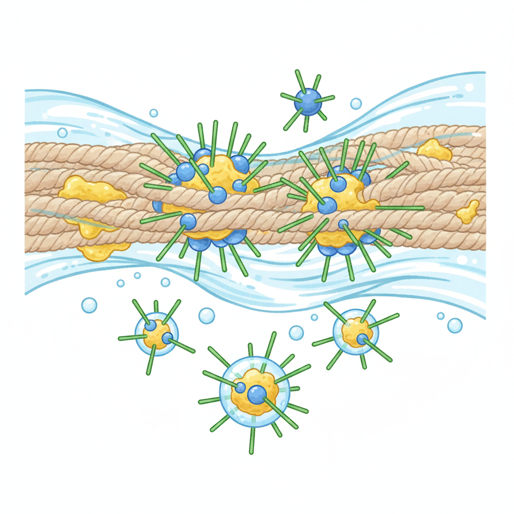 An infographic-style illustration depicting the microscopic action of dish soap on a grease stain within fabric fibers. Show a cross-section of interwoven fabric threads with embedded irregular yellow grease particles. Then, introduce stylized surfactant molecules, represented as small shapes with a distinct 'head' (e.g., blue sphere) and a 'tail' (e.g., green stick). Illustrate these molecules surrounding and attaching to the grease particles, lifting them away from the fabric, and encapsulating them into tiny droplets within a dynamic, transparent watery environment. The overall impression is clean, educational, and visually explains the emulsification process.