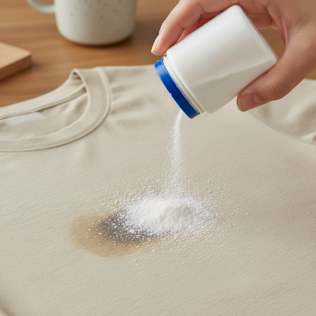 A close-up, high-definition studio photograph showing a common piece of clothing, like a light-colored cotton shirt, with a fresh, prominent grease stain on it. A hand gently sprinkles a fine white powder, such as cornstarch or baby powder, directly onto the stain from a small container, aiming to absorb the oil. The background is softly out of focus, suggesting a clean, practical home setting. The image should convey immediacy and a simple, effective first step in stain removal, with clear focus on the interaction between the powder and the fabric.