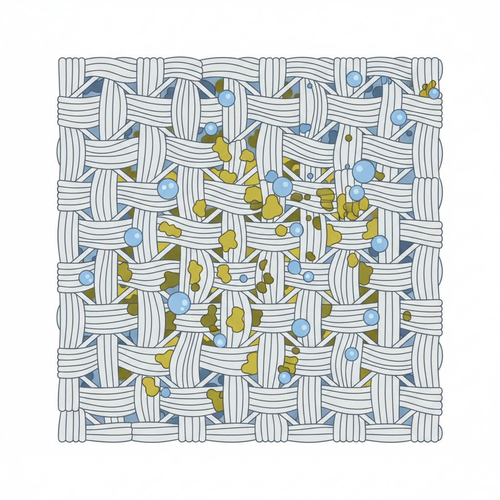 A clean, modern conceptual flat illustration depicting a magnified view of textile fibers. The fibers are tightly interwoven, and within their structure, small, irregularly shaped 'grease' molecules are deeply embedded. Alongside them, distinctly different 'water' molecules are shown attempting to interact but are largely repelled or unable to fully penetrate the grease-filled areas, visually representing why grease doesn't mix with water and is hard to remove. Use a minimalist color palette to clearly differentiate between the fibers, grease, and water elements, emphasizing their interaction at a microscopic level.
