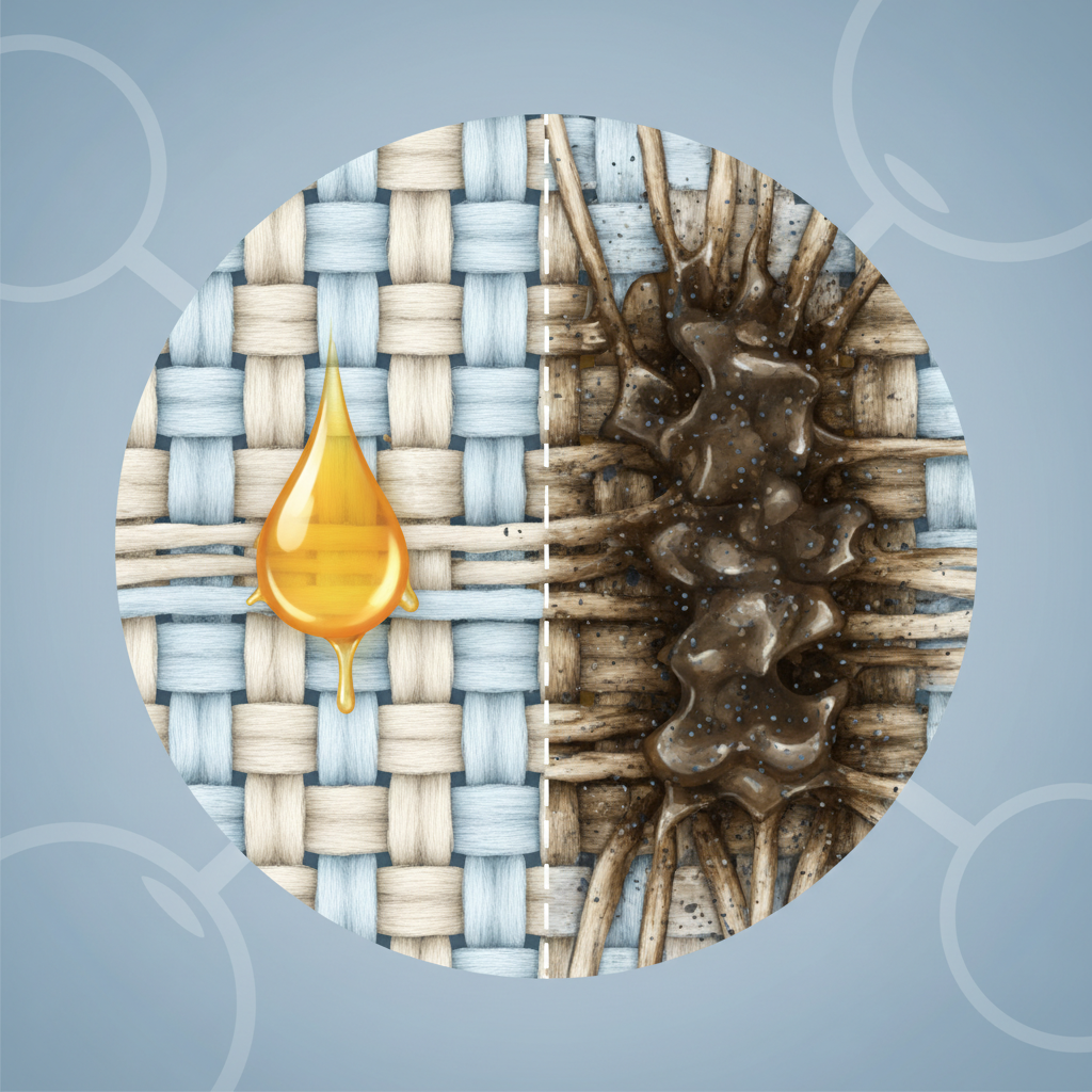 A detailed, infographic-style illustration depicting a microscopic cross-section of upholstery fabric fibers. On the left, a vibrant, fluid grease droplet is shown just beginning to penetrate the loosely arranged fibers, appearing fresh and superficial. On the right side of the illustration, the same fibers appear more compacted and discolored by a deeply embedded, darker, and slightly solidified grease stain. Small, dark dust particles are visually trapped within the hardened grease and fibers, illustrating the difficulty of removal over time.