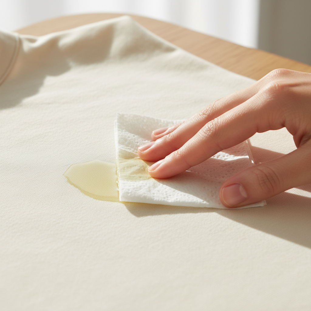 A professional close-up photograph showing a light-colored textile, possibly a cotton shirt, with a fresh, slightly translucent grease stain (like from olive oil) in the center. A clean, white paper towel is being gently pressed onto the stain by a hand, showing a subtle absorption and transfer of the grease from the fabric onto the towel. The focus is on the delicate dabbing motion, emphasizing 'not rubbing.' The background is softly blurred, hinting at a domestic setting. The lighting is bright and natural, highlighting the texture of the fabric and the stain.