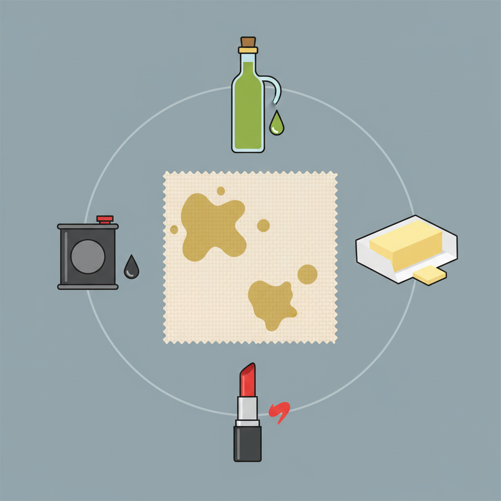 A vibrant flat illustration depicting a light beige fabric swatch, prominently displaying a few distinct grease stains of varying sizes. Surrounding the fabric, in a circular arrangement, are simplified icons or representations of common grease sources: a small bottle of olive oil, a stick of butter, a tube of red lipstick, and a tiny droplet of dark engine oil. Each source is clearly identifiable yet stylized, conveying the diverse origins of stains mentioned in the article. The overall aesthetic is clean, modern, and infographic-like, using a limited color palette.
