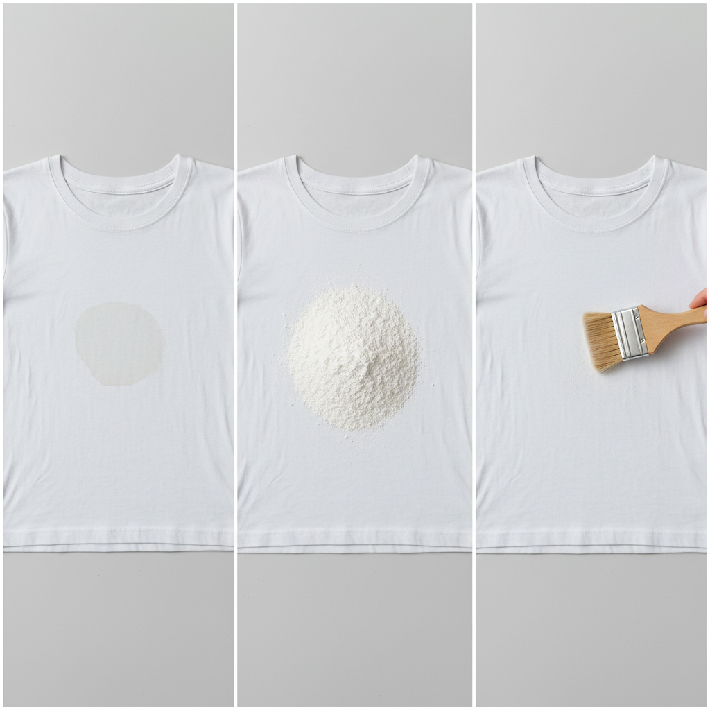 A professional, brightly lit studio flat lay photo depicting the process of removing a fresh grease stain from a light-colored fabric. The image should show a sequence or progression: first, a visible, fresh grease stain on a piece of clothing (e.g., a white t-shirt). Next, a small, neat pile of white baking powder generously covering the entire stain. Finally, a small, soft brush gently sweeping away the dried baking powder, revealing a completely clean, stain-free spot on the fabric, emphasizing the effective removal.