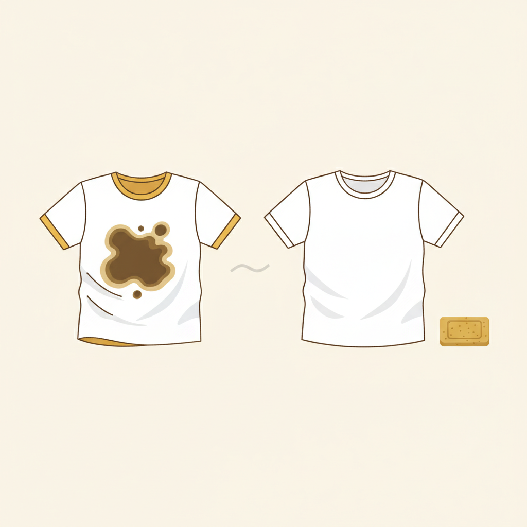 A vibrant, modern flat illustration depicting a 'before and after' scenario for stain removal. On the left side, a crumpled white t-shirt clearly displays a prominent, dark grease stain. On the right side, the identical t-shirt appears perfectly clean and pristine, free of any blemishes. A simple, light brown bar of gall soap is subtly positioned near the clean t-shirt, hinting at its efficacy. The background is a soft, neutral color, creating a clean and inviting aesthetic, with the focus solely on the visual transformation.