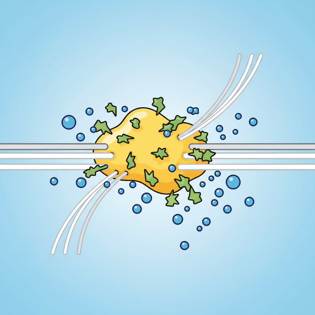 An infographic-style illustration visualizing the microscopic mechanism of gall soap against grease. Show a magnified view of stylized textile fibers (e.g., intersecting threads) with a prominent, irregular yellow grease globule clinging to them. Surrounding and interacting with the grease globule are numerous small, abstract green molecules representing gall acids, actively breaking the larger grease into many tiny, dispersed blue droplets. Simple blue circular shapes representing water molecules are depicted carrying away these smaller droplets, illustrating emulsification and removal. Use a clean, educational aesthetic with clear, distinct visual elements.