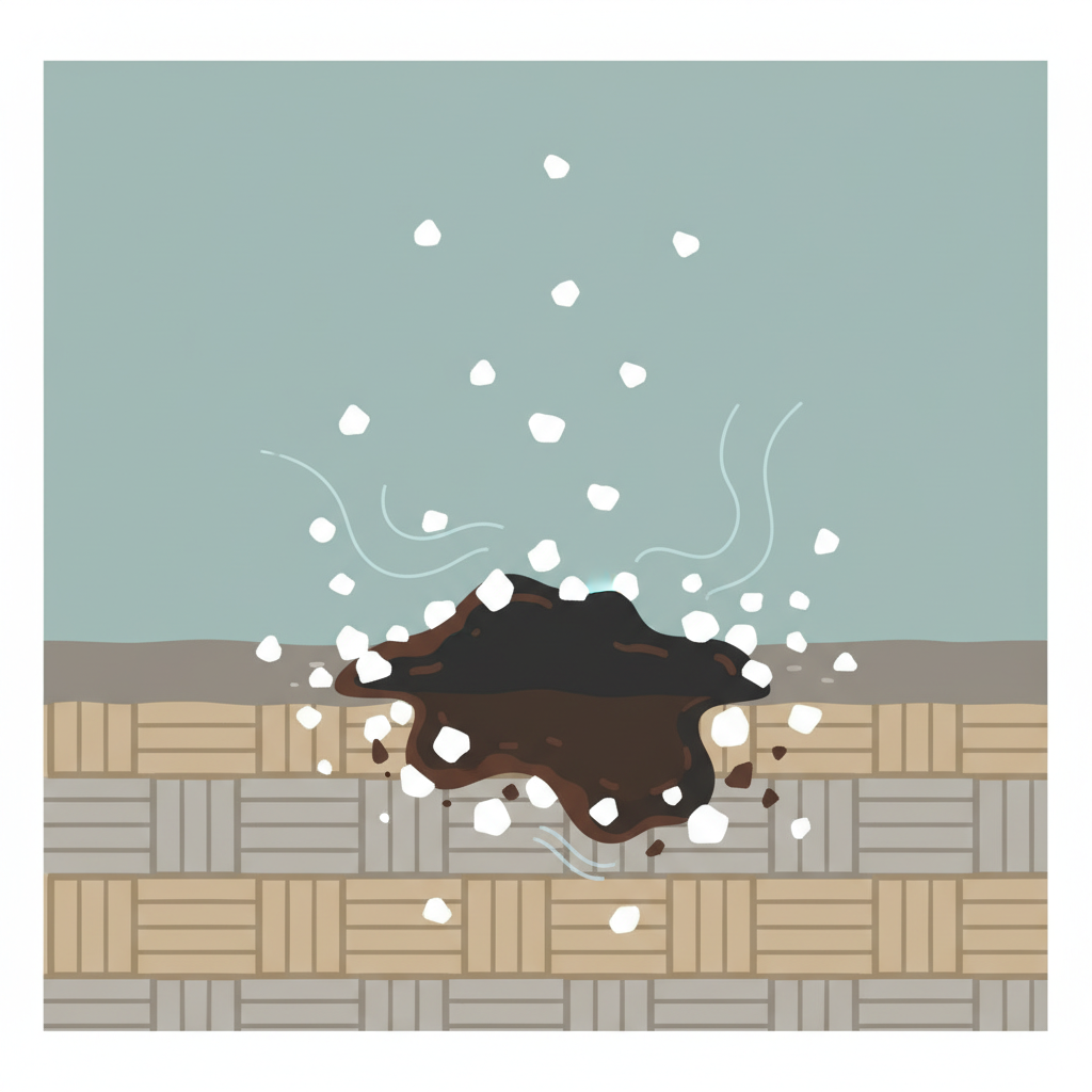 A modern, clean flat illustration depicting the conceptual action of baking soda on a dried grease stain. The image shows a cross-section of woven fabric fibers, with a dark, hardened grease blob firmly embedded between them. From above and around, small, white granular particles, representing baking soda, are shown actively surrounding and breaking apart the edges of the grease stain. Subtle visual cues like faint lines or a slight 'dissolving' effect illustrate the alkaline and abrasive action, without being overly scientific. The color palette is calming, using muted tones for the fabric and a contrasting darker shade for the stain.