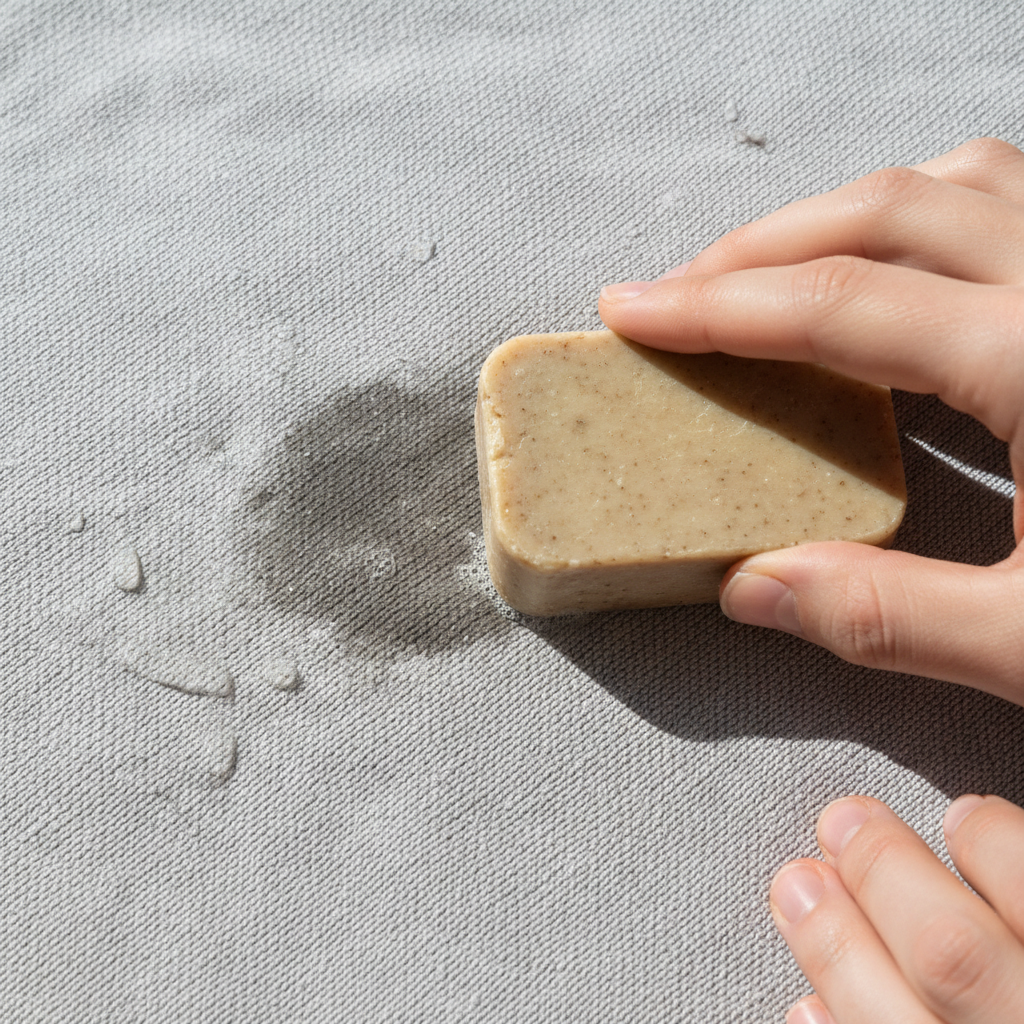 A close-up, high-angle professional photo of hands gently rubbing a natural, beige-colored bar of gall soap directly onto a prominent, dark grease stain on a textured light grey fabric, possibly a cotton t-shirt or upholstery. Water droplets are visible on the fabric, indicating it's slightly damp. The focus is sharp on the soap and the stained area, conveying a practical, step-by-step cleaning process. The lighting is bright and natural, highlighting the texture of the fabric and soap.