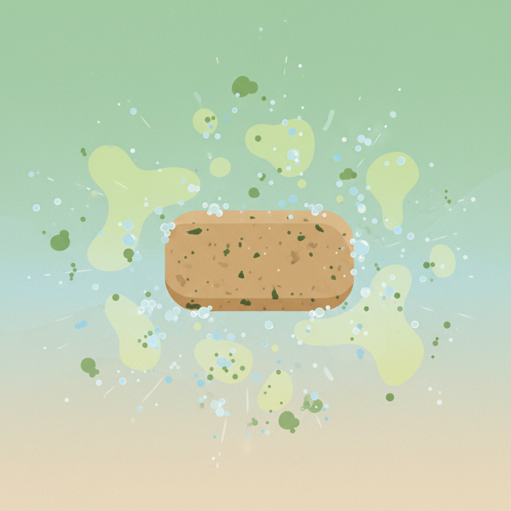 A clean, minimalist flat illustration featuring a natural, slightly textured bar of solid gall soap at the center. Around the soap, subtle, abstract visual elements represent the breakdown and emulsification of grease: stylized, translucent blobs of 'grease' are depicted transforming into smaller, dispersed bubbles or particles, blending seamlessly into a clean background. The color palette is fresh, using natural greens, beiges, and soft blues, conveying efficacy and natural origin. The overall impression is one of gentle but powerful cleaning.