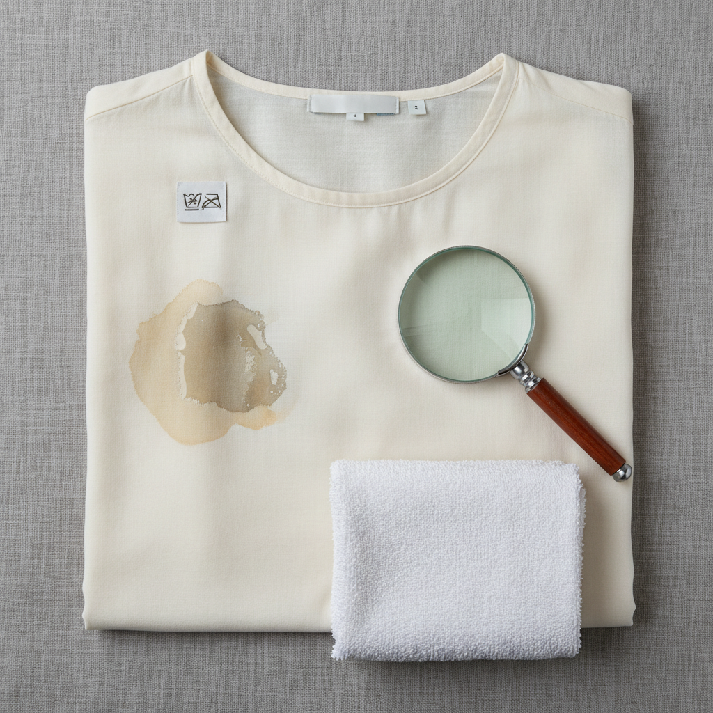 A close-up, top-down shot of a light-colored t-shirt or blouse, laid flat on a neutral surface. A distinct, slightly glossy grease stain is clearly visible on the fabric, appearing somewhat 'set' or baked in, implying it has survived a wash cycle. Next to the garment, neatly arranged, are a small magnifying glass pointing towards the stain (for detailed identification), a care label icon, and a clean, folded white cloth or paper towel placed underneath the stained area. The scene should convey a sense of methodical preparation for stain removal. Professional studio photography style with soft, natural lighting.