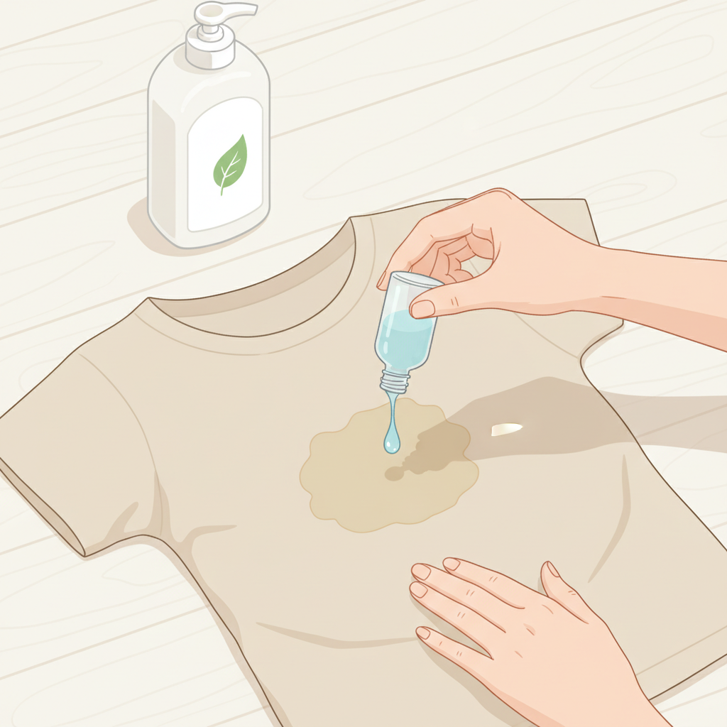 A flat lay illustration depicting a pair of hands carefully applying a small drop of translucent liquid dish soap directly onto a visible, circular grease stain on a piece of light-colored fabric (e.g., a cotton t-shirt). The fabric is laid flat on a clean, light-colored surface. A small, generic bottle of dish soap is visible in the background, slightly out of focus. The illustration should emphasize precision and care in the application. The style should be a clean, modern flat illustration with a soft, bright color palette, suitable for a helpful DIY guide, focusing on the action and the treatment of the stain.