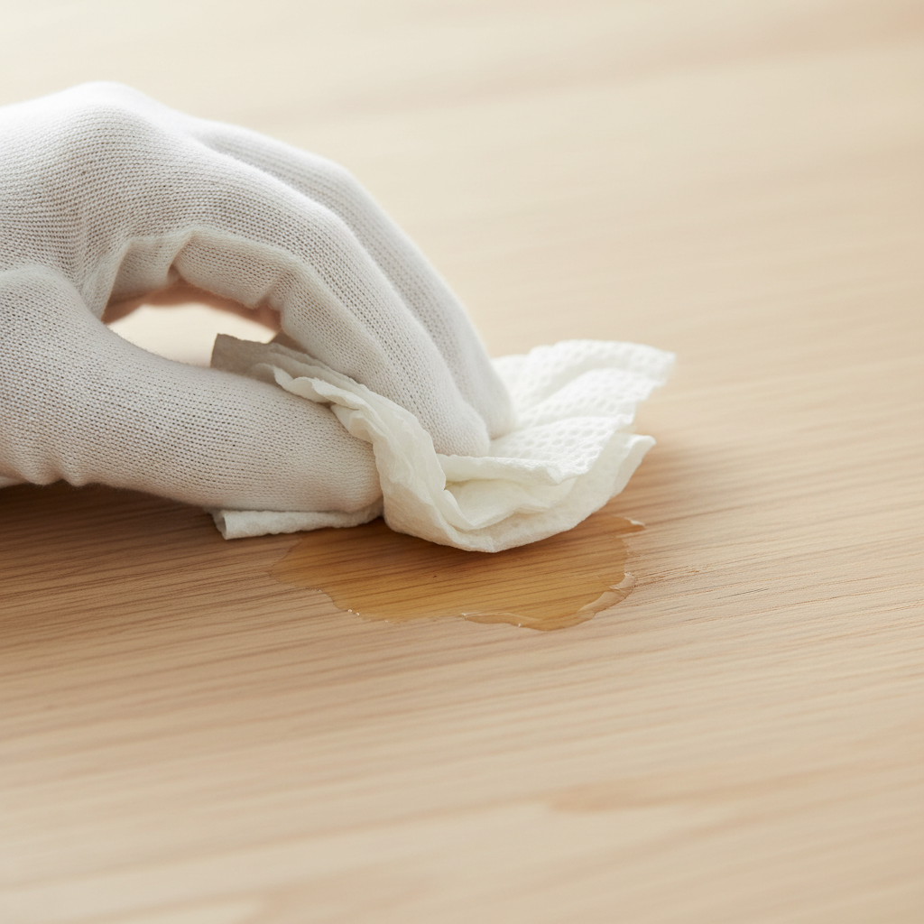 A professional close-up photo capturing a pristine, light-colored wooden table surface, subtly marred by a fresh, distinct grease stain. A hand, clad in a clean, white glove, is gently dabbing the stain with a crumpled piece of white absorbent paper, taking care not to rub or spread it. The focus is sharp on the stain and the careful dabbing action, conveying the immediate and delicate first step of dealing with a fresh grease spill on wood. The lighting is soft and natural, emphasizing the texture of the wood.