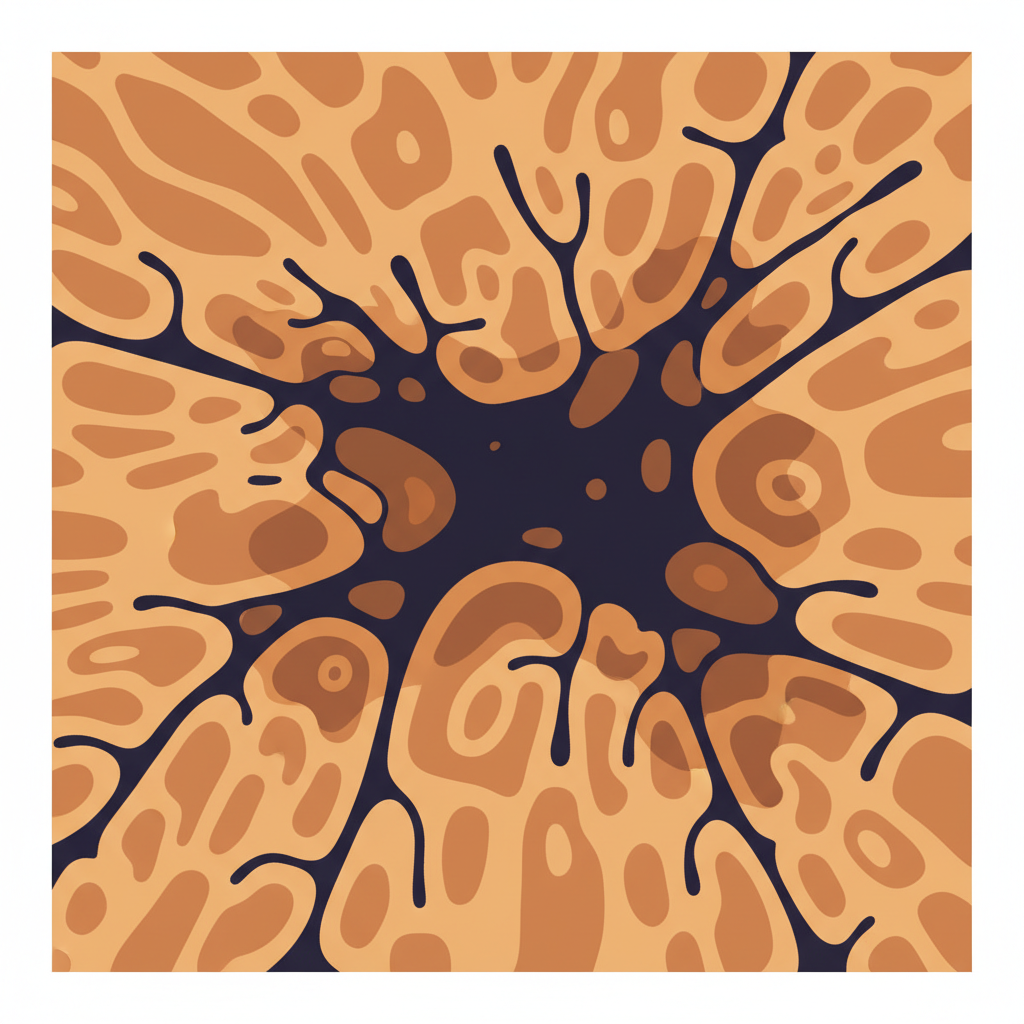 A detailed, diagrammatic flat illustration depicting a microscopic cross-section of a wooden surface. Show the intricate, porous structure of the wood as a network of interconnected, organic channels and cells. A dark, viscous blob, representing a grease particle, is clearly visible having deeply penetrated these wood pores, illustrating how it seeps beneath the surface. The surrounding wood has a warm, natural hue, while the infiltrating grease is distinctly darker and somewhat irregular, emphasizing its deep infiltration and potential for discoloration.