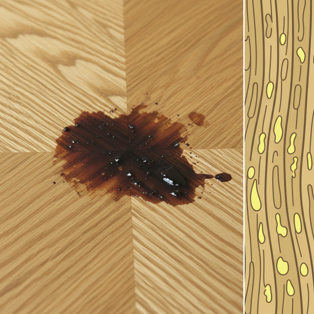 A close-up, professional photo showcasing a significant, dark grease stain on a polished light oak wooden table. The intricate wood grain should be clearly visible, with the stain subtly disrupting its natural beauty. In an illustrative overlay or split-screen effect, depict a simplified, cross-section diagram of the wood, showing tiny, abstract yellow oil droplets penetrating into the porous wood fibers. The overall mood should convey the stubbornness of the stain while highlighting the microscopic interaction. The illustration should be clean and informative, suitable for a blog post.