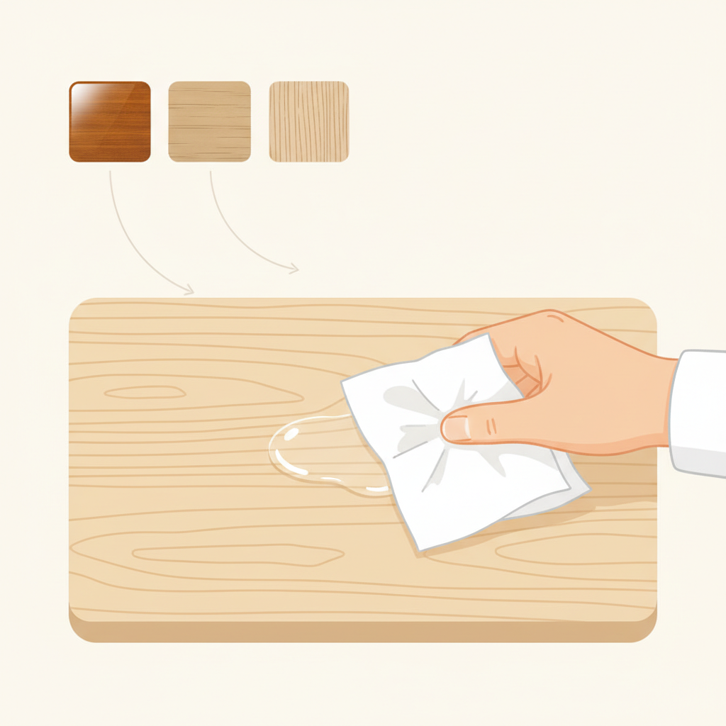 A bright, clean flat illustration depicting a wooden table surface with a small, glistening grease spill. A gentle hand, holding a piece of white kitchen paper, is carefully dabbing the spill to absorb it, without smearing. In the background or subtly integrated, display small, distinct swatches representing different wood finishes: one glossy (lacquered), one slightly matte (oiled), and one natural (untreated), signifying the importance of identifying the surface. The overall style should be modern, clear, and reassuring, emphasizing the initial careful preparation steps.
