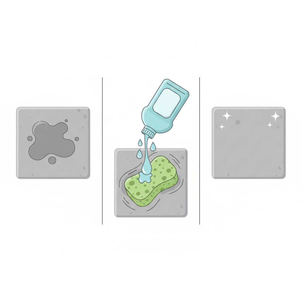 An infographic-style flat illustration depicting the process of cleaning a tile with dish soap. On the left, a dirty tile with a visible grease stain. In the middle, a generic bottle of dish soap pouring a few drops onto a sponge, which is then shown being rubbed over the stained tile. On the right, the same tile, now sparkling clean, with a subtle 'shine' effect. Use a clean, modern color palette with shades of blue, green, and white for the cleaning elements, and warm grays for the tiles. The overall composition should be clear and sequential.