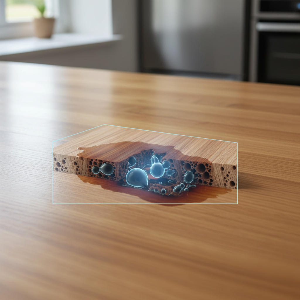 A close-up, high-angle professional photo of a smooth wooden kitchen counter or dining table featuring a prominent, unsightly grease stain. The stain appears dark and oily, deeply embedded in the wood grain. To visually emphasize the problem, a subtle, stylized overlay of the wood at the stain's location shows its porous structure and the dark oil seeping deep into the material. The overall impression is one of damage and a need for restoration, with clean, natural lighting.
