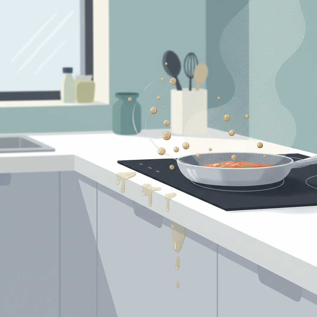 A vibrant flat illustration depicting a modern kitchen scene. In the foreground, a sleek kitchen cabinet door shows subtle, almost transparent, accumulating grease stains. To the side, a stovetop with a frying pan is actively sizzling, emitting stylized, minuscule droplets or particles that are visibly drifting through the air and settling onto the cabinet surface. The overall atmosphere should convey the everyday accumulation of cooking residues. The background is softly blurred kitchen elements. Use a clean, digital art style with a professional touch.