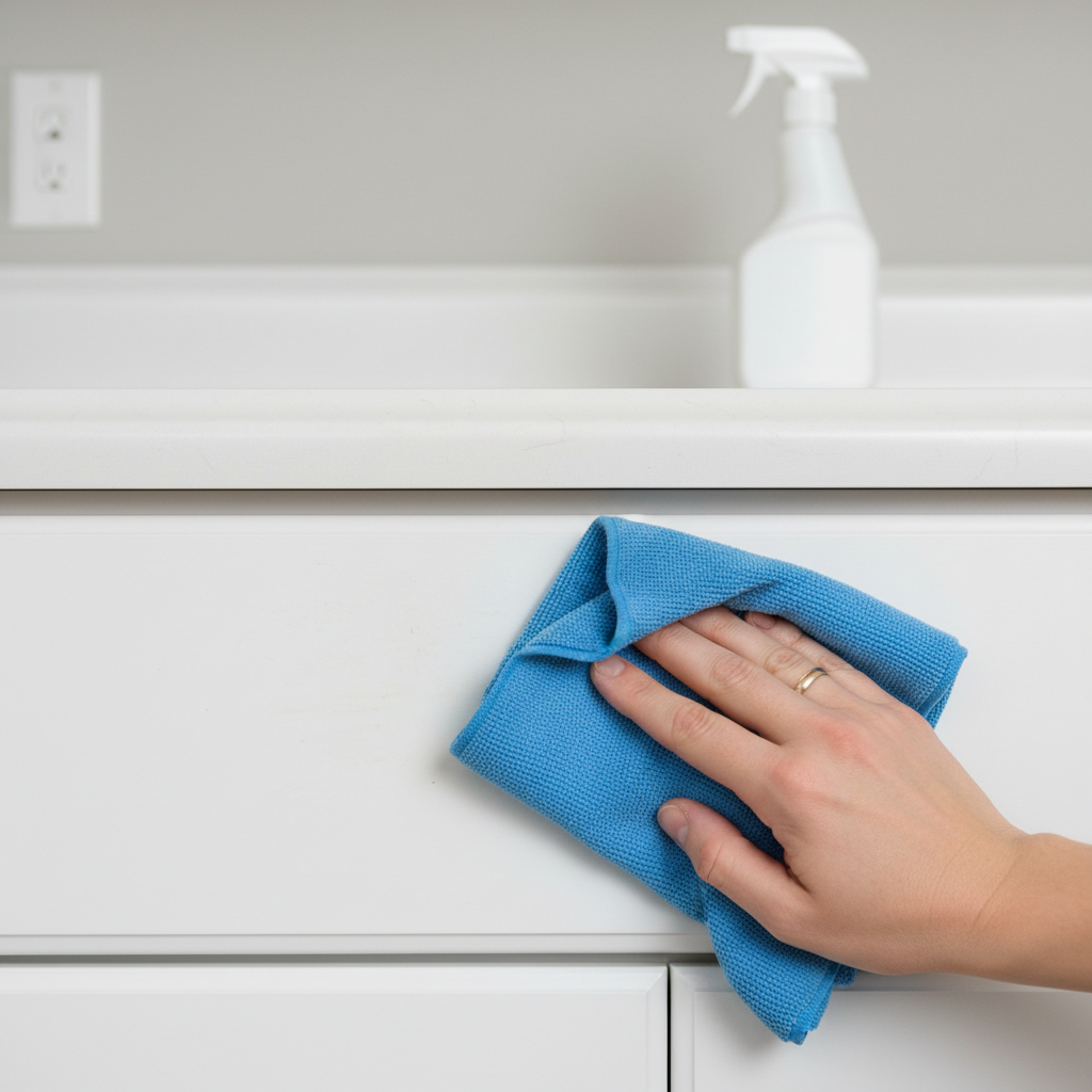 A professional, brightly lit close-up photo focusing on a segment of a kitchen cabinet front. One half of the cabinet surface clearly displays visible, subtle grease stains and smudges, while the adjacent half is meticulously clean and sparkling, reflecting light. A human hand, partially visible, is gently wiping the stained area with a soft, blue microfiber cloth. A generic, plain bottle of cleaning solution, without any labels or text, is subtly placed in the background, out of focus. The image should convey effective cleaning and attention to detail.