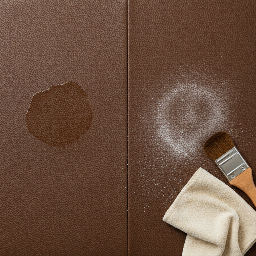 A close-up, top-down view of a section of smooth, dark brown leather. A prominent, slightly darker, circular grease stain is visible on one half of the leather, showing the problem. On the other half, the stain is visibly lighter and in the process of being treated, with a subtle hint of an absorbent powder (like cornstarch) being gently applied. A soft cloth or brush is positioned nearby. The scene conveys a sense of careful cleaning and the gradual removal of a stubborn stain. Professional studio photography style with natural, soft lighting, emphasizing the leather's texture and the visual difference before and during treatment.