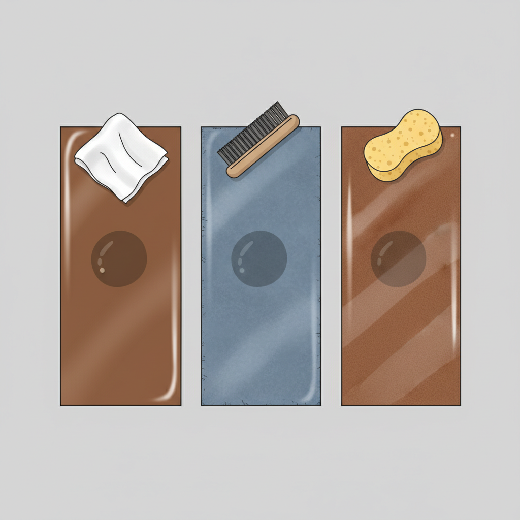 An infographic-style illustration depicting three distinct, labeled sections of leather, each representing a different type: a smooth, polished leather, a soft, textured suede/nubuck, and a slightly glossy, coated leather. Each section has a small, identical grease stain. Above or next to each leather type, a distinct, appropriate cleaning tool is subtly shown (e.g., a soft, white cloth for smooth leather; a specialized suede brush for suede; a gentle sponge for coated leather). The overall image should highlight the variations in leather types and their specific care needs. Flat illustration style with clean lines, minimal shading, and a harmonious color palette, making it easy to understand the differences visually.