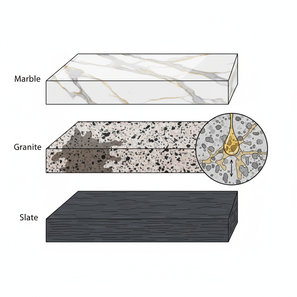 An infographic-style illustration depicting a cross-section of different natural stone types like marble, granite, and slate. Each stone type shows its unique texture and a magnified view revealing its porous structure. A droplet of amber-colored grease or oil is shown actively penetrating deep into the visible pores of one stone sample, illustrating the absorption process. Adjacent to it, a portion of the stone surface exhibits a darker, permanent-looking grease stain, contrasting with the untouched, clean area. The overall style should be scientific and clear.