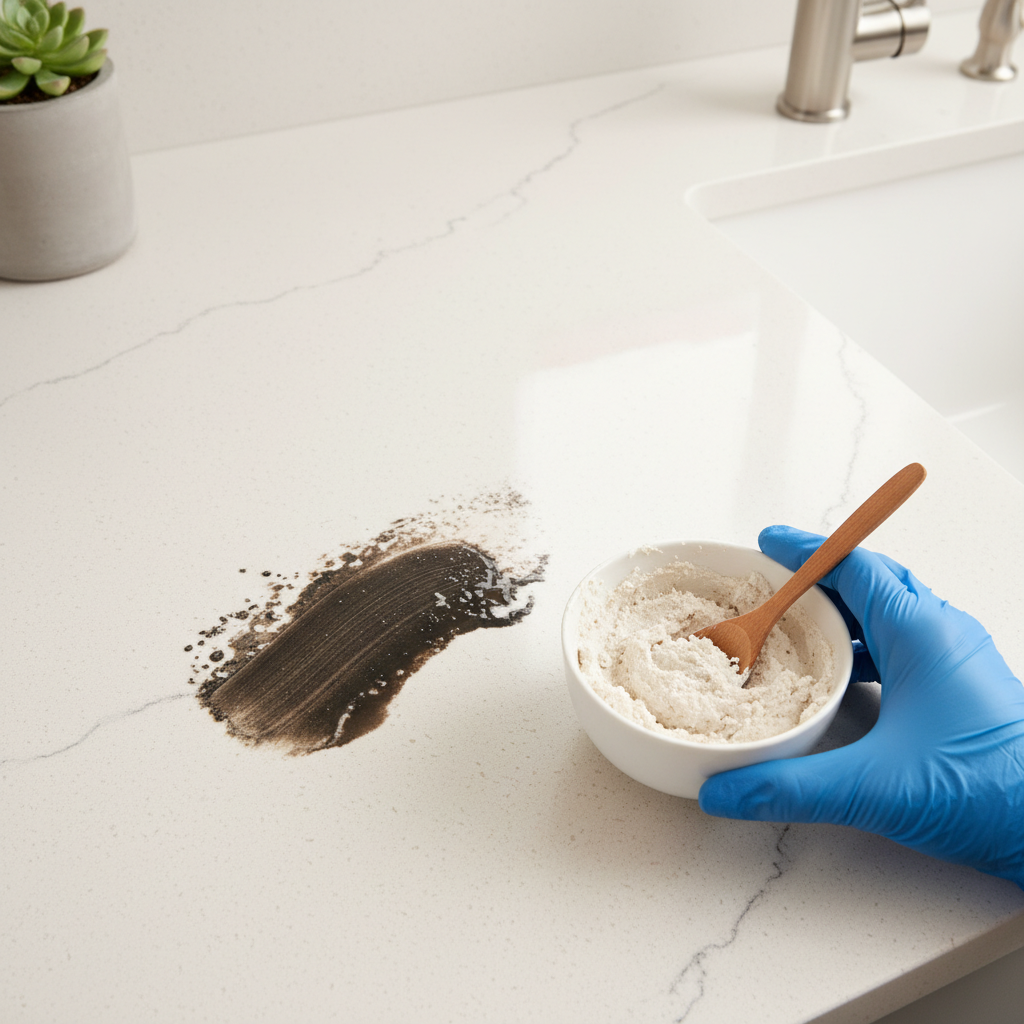 A professional, high-angle photo showcasing a modern kitchen countertop made of polished natural stone, possibly light-colored granite or marble. A prominent, dark grease stain is clearly visible on a section of the countertop, disrupting its pristine appearance. In the foreground, a gloved hand is gently placing a small bowl containing a cleaning paste (e.g., baking soda or cornstarch paste) next to the stain, suggesting the start of a cleaning process. The scene is well-lit, emphasizing the contrast between the stain and the elegant stone, conveying a sense of practical action and restoration.