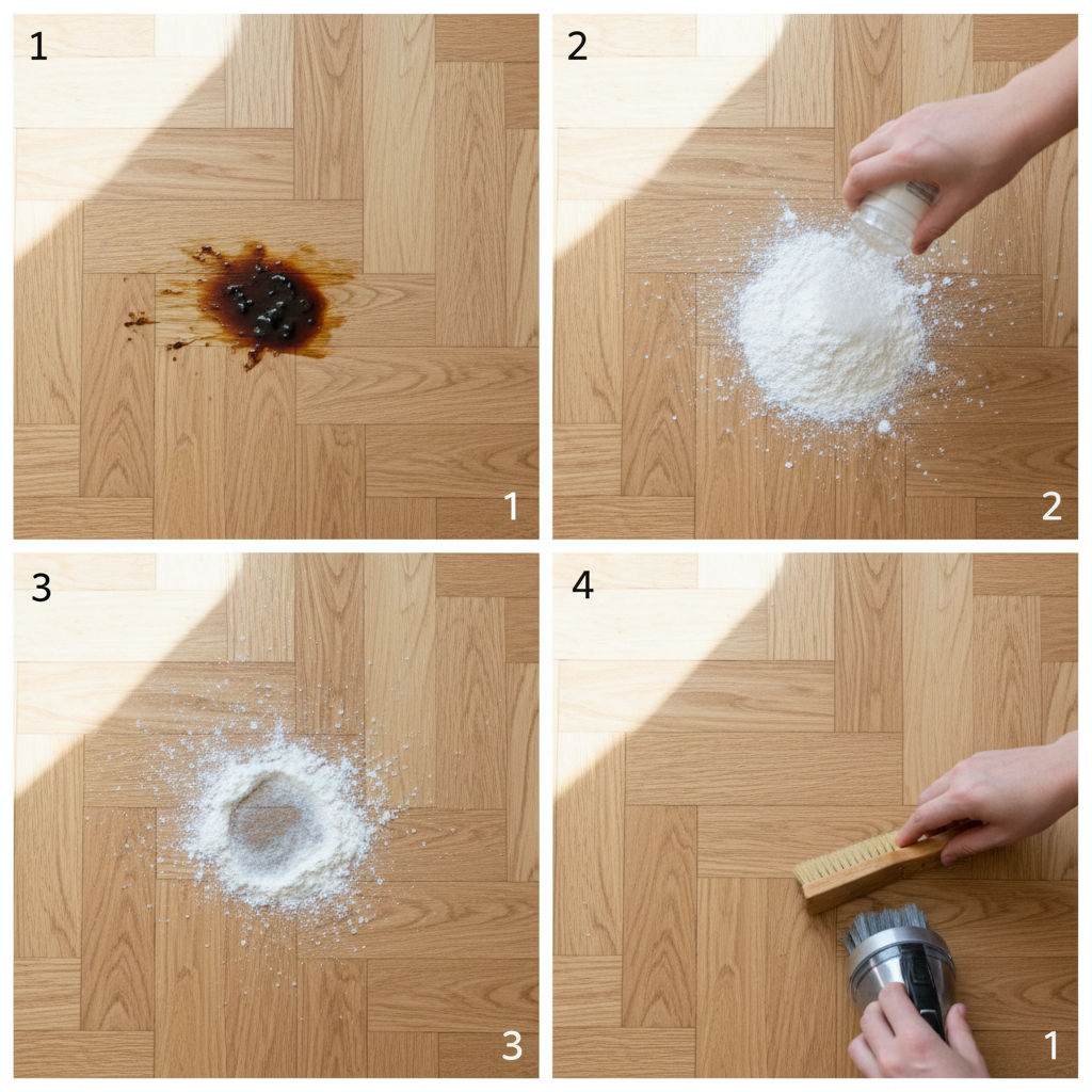 A professional, top-down photograph showing a sequence of actions on a light oak parquet floor. Frame 1: A visible, dark grease stain on the wooden planks. Frame 2: A hand gently sprinkling a generous amount of white powder (like cornstarch or baby powder) directly onto the stain, completely covering it. Frame 3: The powder visibly absorbing the stain, with a slightly darker, damp patch underneath the powder. Frame 4: A small, handheld vacuum cleaner or a soft brush carefully removing the dried powder, revealing a clean, stain-free patch of parquet. The lighting should be bright and natural, highlighting the texture of the wood.