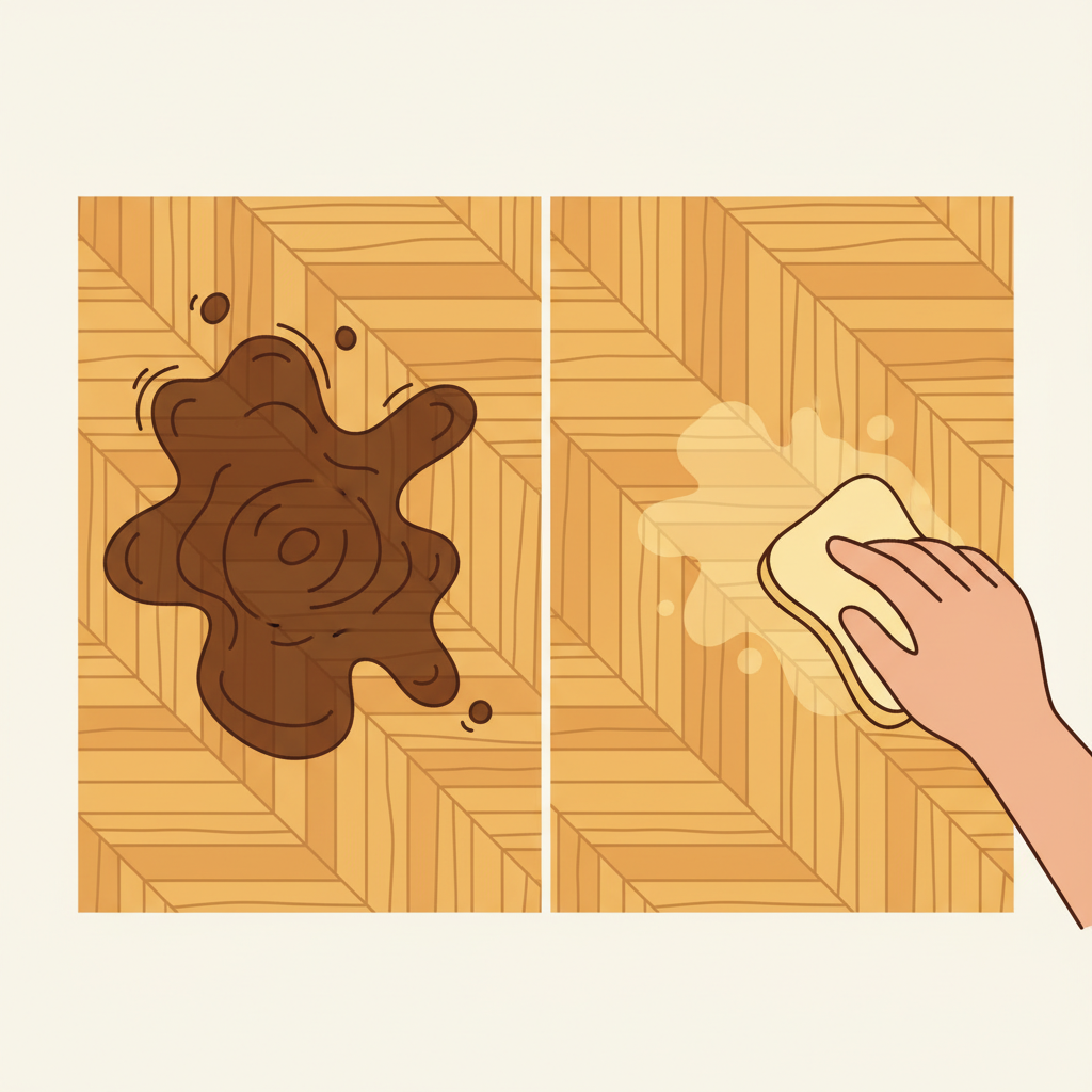 A vibrant, flat illustration depicting the contrast between a neglected grease stain and a quickly treated one on a parquet floor. On one side, a deep, dark, clearly penetrated grease stain on a wooden plank, with visual cues of absorption into the wood grain. On the other side, a fresh, lighter grease spill is being immediately targeted by a soft sponge or cloth, indicating prompt cleaning action, leaving the wood mostly pristine or with minimal residue. The illustration should use warm wood tones and contrasting grease splatters to emphasize the difference in outcome due to timing.