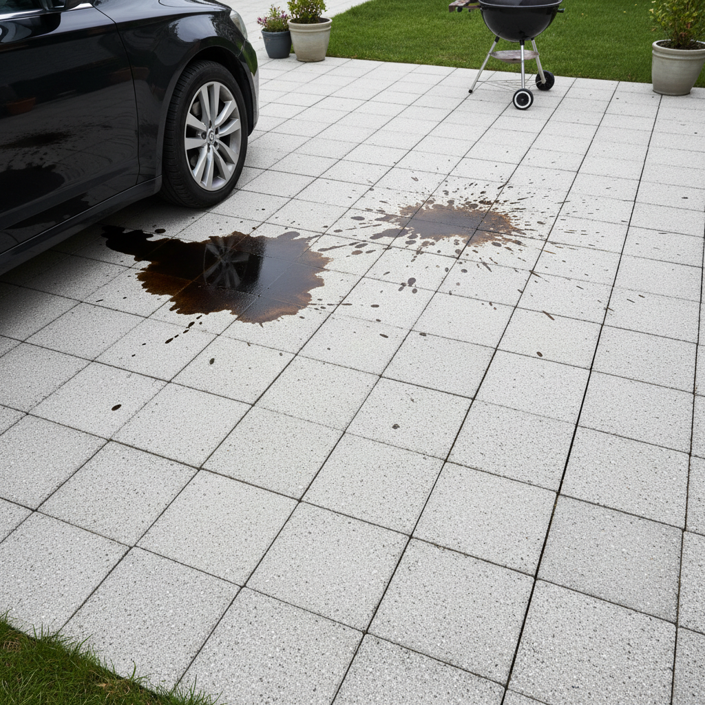 A bird's-eye view of a clean, well-maintained patio area made of light grey concrete paving stones, but with several prominent, dark grease stains scattered across the surface. One stain subtly suggests an oil drip from a parked car's undercarriage (car partially visible at edge of frame), another looks like fat splatter near an implied BBQ area (grill in soft focus background). The porous texture of the paving stones is visible, emphasizing how the grease has seeped in. The overall impression is one of a common household problem. Professional photo, realistic style.