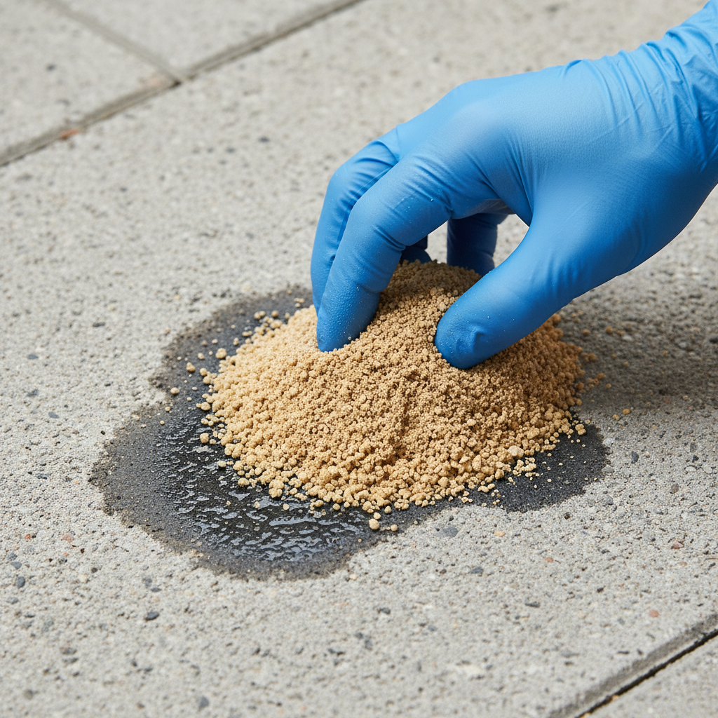 A close-up, slightly elevated shot of a fresh, dark grease stain on a light-colored concrete paving stone. A human hand, wearing a protective glove, is actively pressing a pile of light-colored, granular cat litter onto the wet, dark stain. Some of the cat litter is already starting to absorb the grease, showing a subtle change in color where it touches the stain. The background is softly blurred to keep focus on the action and the paving stone texture. The scene is clean and instructional, conveying a practical tip. Professional photo, clear and crisp.