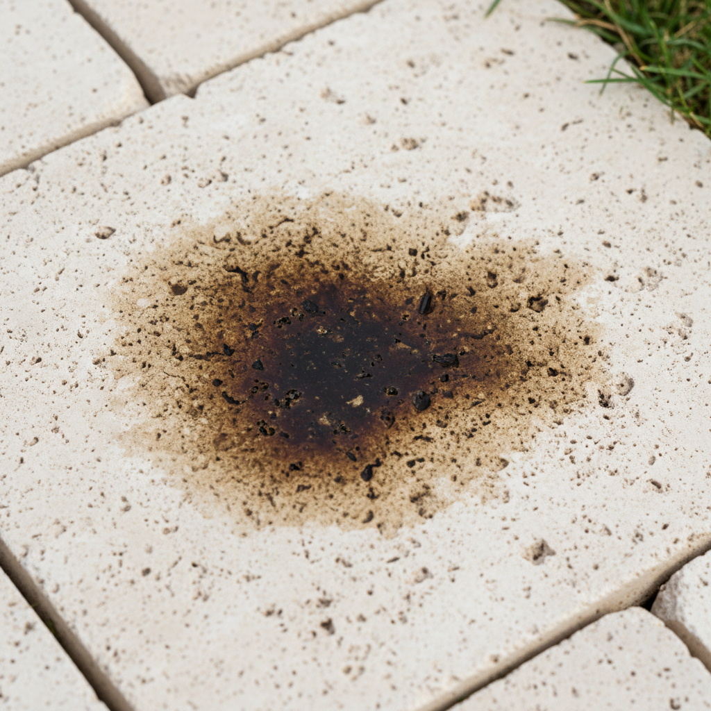 A professional, high-resolution photo capturing a close-up, slightly elevated perspective of a light-colored natural stone patio slab. A dark, distinct grease stain, perhaps from spilled oil, is prominently featured, appearing deeply absorbed into the stone's visible, textured surface. The surrounding stone areas are clean and show their natural, subtle grain. The image should convey the stubbornness and visual impact of the stain, subtly highlighting the porous nature of the material where the liquid has seeped in.
