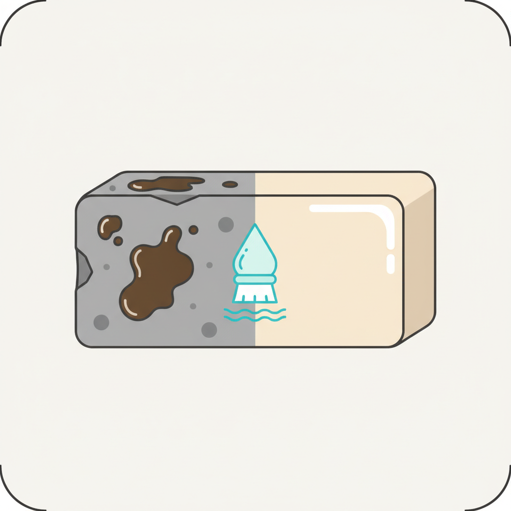 A clean, modern flat illustration with a slightly schematic feel, depicting a large, rectangular stone slab. The left half of the slab clearly shows one or two distinct, dark grease stains embedded within its texture. The right half of the slab is pristine, bright, and impeccably clean, showcasing the stone's original, lighter color. A subtle, minimalist graphic element in the middle, like a gentle, stylized brush head or a drop of clear liquid, symbolizes the effective cleaning process that transforms the stained surface into a clean one.