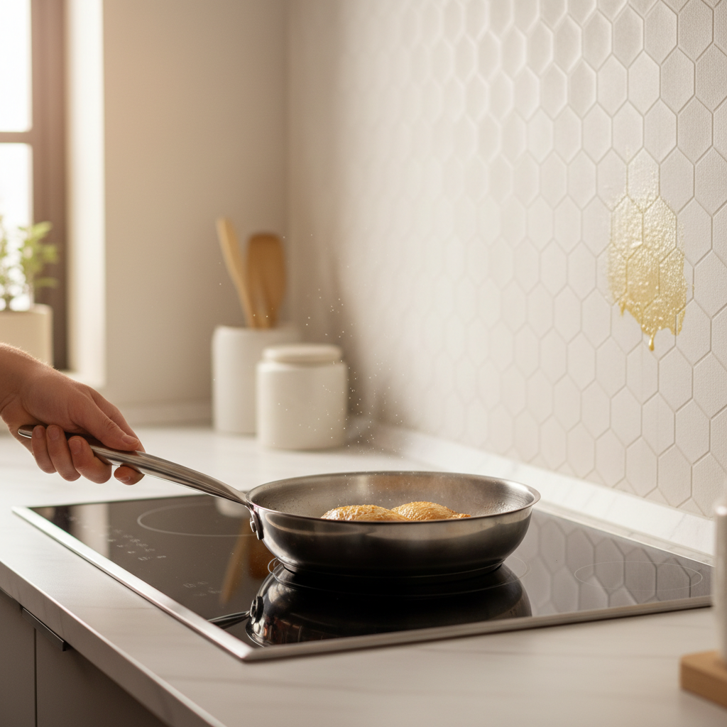 A professional photo capturing a modern kitchen scene. A hand holding a sizzling pan on a stove, with tiny, almost invisible flecks of oil depicted mid-air, subtly drifting towards a textured wallpapered wall in the background. A distinct but not overly large grease stain is visible on the wallpaper directly behind the cooking area, indicating the common cause. The lighting is warm and natural, emphasizing the kitchen environment and the subtle sheen of the stain. The overall impression should be clean yet convey the everyday reality of cooking mishaps.