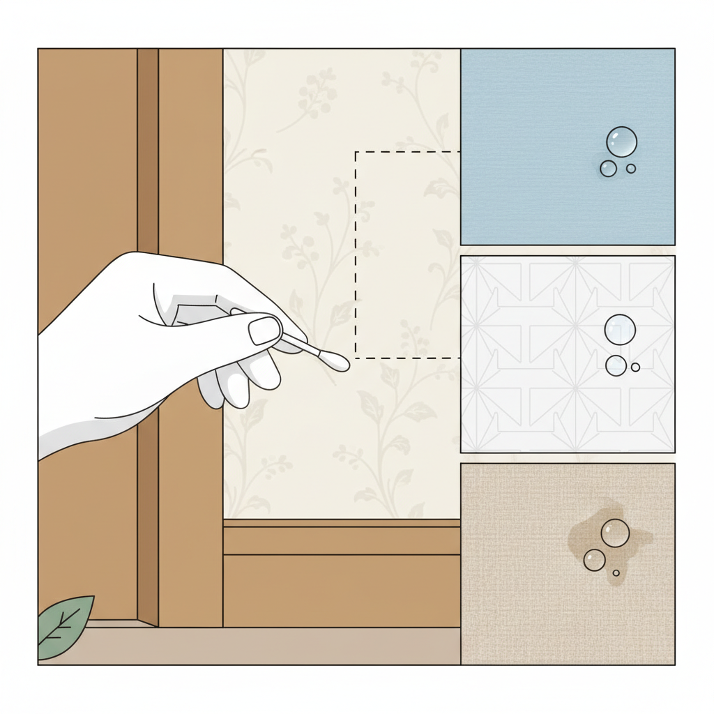 A clean, professional flat illustration demonstrating the importance of testing cleaning methods. The image features a close-up of a hand gently dabbing a small, hidden corner of a light-colored wallpaper with a cotton swab or a soft cloth. Adjacent to this action, a stylized panel illustrates three different wallpaper textures: smooth paper, textured vinyl, and fibrous textile, perhaps with subtle visual cues for their varying absorbency. The overall aesthetic is informative and precise, highlighting the crucial preparation step before tackling a stain.