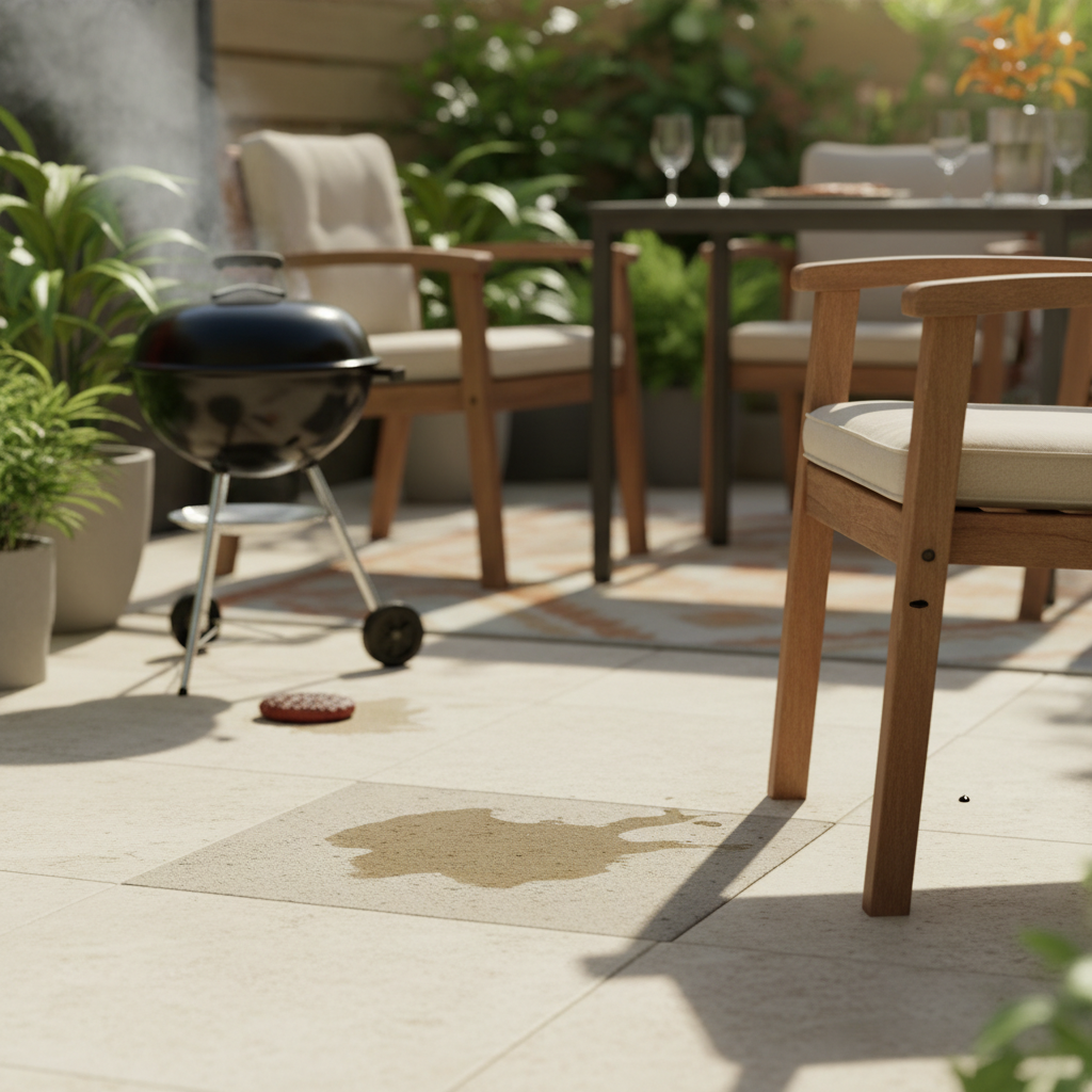 A sunny outdoor patio scene featuring various elements that are common sources of grease stains. A barbecue grill stands to one side with a faint wisp of smoke, while a dropped piece of food, like a burger patty, rests near a subtle grease mark on a light-colored stone tile. A wooden garden chair nearby shows a small, barely visible oil drip. The central focus is on a prominent, slightly darkened grease stain on one of the patio pavers, clearly indicating the article's topic. The overall impression should be an otherwise appealing outdoor space subtly marred by this imperfection. Style: Vibrant, professional photo with natural lighting and a shallow depth of field.